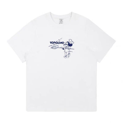 American Retro Vintage Cartoon Mickey Pizza Print T-Shirt Loose Pure Cotton White Short Sleeve Top for Women Summer
