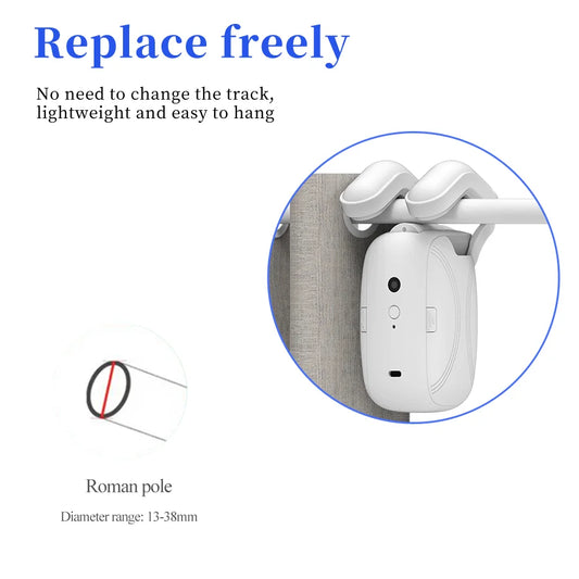 WiFi  Smart Automatic Curtain Opener with App Timer Voice Control High Performance Motor for Roman Pole Tracks ，Light Sensor 